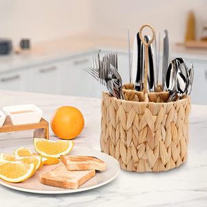 Wholesale Water Hyacinth Straw Flatware <b>Caddy</b> Handwoven Cutlery Holder with Handle 4 Slot Condiment Organizer Tableware - Product Image 6