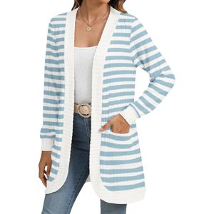 Custom Soft Acrylic Winter <b>Cardigans</b> Blue White Striped Casual Twin Pockets Comfortable Loose Fit <b>Women</b> Sweaters - Product Image 3
