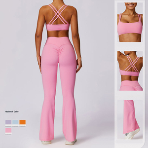 Conjunto de Yoga de 2 Piezas para Mujer, Leggings de Cintura Alta con Corte Acampanado, Sujetador Deportivo Cruzado, Color Sólido, Ropa Deportiva Elástica sin Costuras - Product Image 1