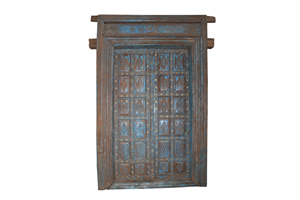 Haswani Handicrafts Antique Blue Carved Wooden <b>Door</b> With Frame <b>Rustic</b> Reclaimed Wood Indian Style Home Decor Entryway - Product Image 2
