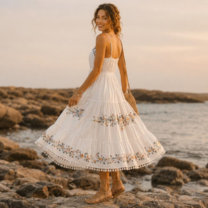 Vestido Maxi Boho Bordado de Algodón para Mujer, 100% Algodón Tejido, Transpirable, Antipilling, Vestido Étnico de Verano - Product Image 3