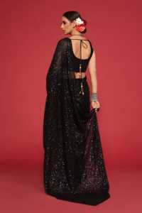 Sari de Georgette Negro de Lujo con Lentejuelas, Trabajo de Lentejuelas Pesadas y Diseño a Mano, Blusa de Verano para Bodas y Fiestas Indias - Product Image 3