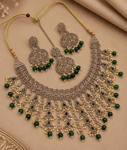 New High Quality Latest Designed Ethnic Bridal Brass Gold-Plated Rhodium Plated Moissanite Maang Tikka Necklace Earrings <b>Set</b> - Product Image 2