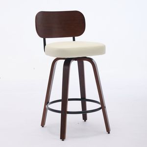 Set di 2 Sgabelli da Bar Girevoli da 66 cm, Schienale in Noce, Gambe in Legno Curvato, Stile Mid-Century, Rivestiti in Ecopelle, Altezza Bancone - Product Image 3