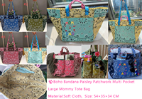 Tas Tote Cetak Paisley Pegangan Ganda Grosir Tas Bahu Ukuran Besar Dengan Kantong Samping Tas Tote Bandana Patchwork
