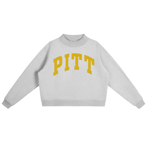 Maßgeschneiderter College Game Day Pullover Gelber Gingham-Besatz Mock Neck Sweatshirt Schweres Fleece Gewölbter PITT Varsity Schriftzug - Product Image 1