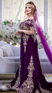 Robe Fergani en crêpe banane violette avec broderie dorée, longueur ras du sol, robe traditionnelle pour mariage/fête pour femmes@2026 - Product Image 2