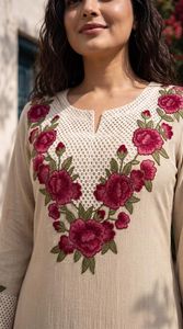 Salwar Kameez en coton beige avec broderie, style traditionnel indien pakistanais, moderne, séchage rapide, décontracté, pour fêtes et mariages, pour femmes - Product Image 4