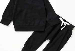 Survêtement en coton noir pour bébés garçons, col ras du cou, manches longues, couleur unie, pantalon de jogging décontracté, taille élastique, vêtements d'automne - Product Image 6