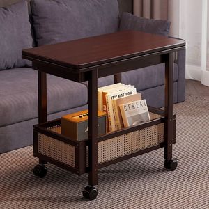 Mobile <b>Side</b> Coffee <b>Table</b> <b>with</b> Cane Weave Basket and <b>Wheels</b> for Living Room Bedroom Hotel Apartment - Product Image 3
