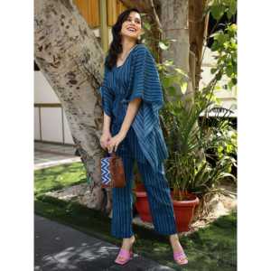 Ensemble coordonné kaftan indigo en tissu crêpe respirant pour femme, taille XS, hauts à manches trois-quarts - Product Image 3