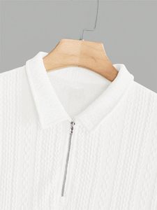 Polo à manches courtes pour homme, blanc, couleur unie, tissu tissé, fermeture éclair sur le devant, style décontracté, longueur normale - Product Image 5