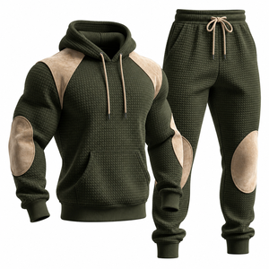 Ensemble de survêtement pour homme vert olive à capuche avec empiècements beiges, manches longues, tenue décontractée d'automne, pantalon uni à cordon de serrage - Product Image 1