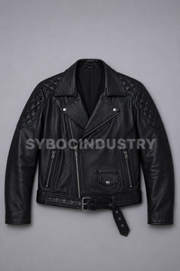 Blouson de moto en cuir d'agneau noir pour homme, fermeture éclair asymétrique, col large, ceinture à la taille, panneaux d'épaule unis ou matelassés - Product Image 3