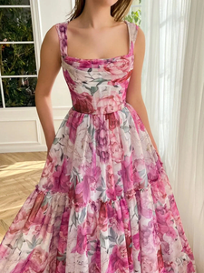 Vestido Maxi Estilo Corsé con Estampado Floral para Mujer, Escote Cuadrado Favorecedor, Sin Mangas, Vestido de Algodón Artesanal - Product Image 3