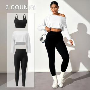 2 Piece Yoga Set Solid Color Scoop Neck Full Sleeve Crop Top High Waist <b>Leggings</b> Spandex/Nylon Breathable Plus Size Quick Front - Product Image 3