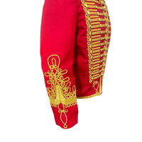 Chaqueta de Verano para Hombre, Estampada en Rojo, Estilo Hussar, con Bordado Dorado en la Parte Delantera, Cuello Alto, Ajustada, Manga Larga, 100% Poliéster