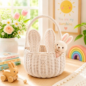 Panier de Pâques en rotin blanc fait main avec poignée, panier cadeau décoratif en forme de lapin pour les enfants, décoration de fête, décoration de chambre d'enfant - Product Image 2