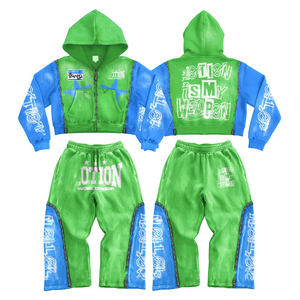 Ensemble de survêtement unisexe personnalisé avec sweat à capuche zippé et pantalon de jogging, coupe ample, effet vieilli, délavé à l'acide, évasé, imprimé, éco-responsable - Product Image 3