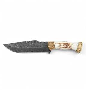 Couteau utilitaire d'extérieur en acier Damas artisanal, manche en bois de cerf, lame fixe - Product Image 1