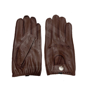 Classic Brown <b>Leather</b> <b>Driving</b> <b>Gloves</b> <b>for</b> <b>Men</b> Perforated Full Finger Knuckle Cutout Snap Button Wrist Closure Custom OEM - Product Image 4