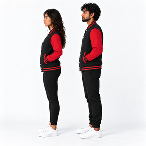 Unisex <b>Black</b> <b>Red</b> <b>Varsity</b> <b>Jacket</b> Solid Color Button Closure Regular Fit Polyester Cotton Outerwear Autumn Wear - Product Image 3