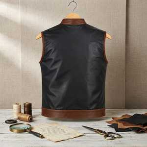 Men's <b>Brown</b> and Black Leather <b>Vest</b>, Biker Motorcycle Waistcoat Club Style Rider <b>Vest</b> - Product Image 4