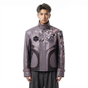 Men Japan Style <b>Real</b> <b>Leather</b> <b>Jacket</b> With Hand Embroidered Floral Pattern Stand Collar Zipper Front - Product Image 1