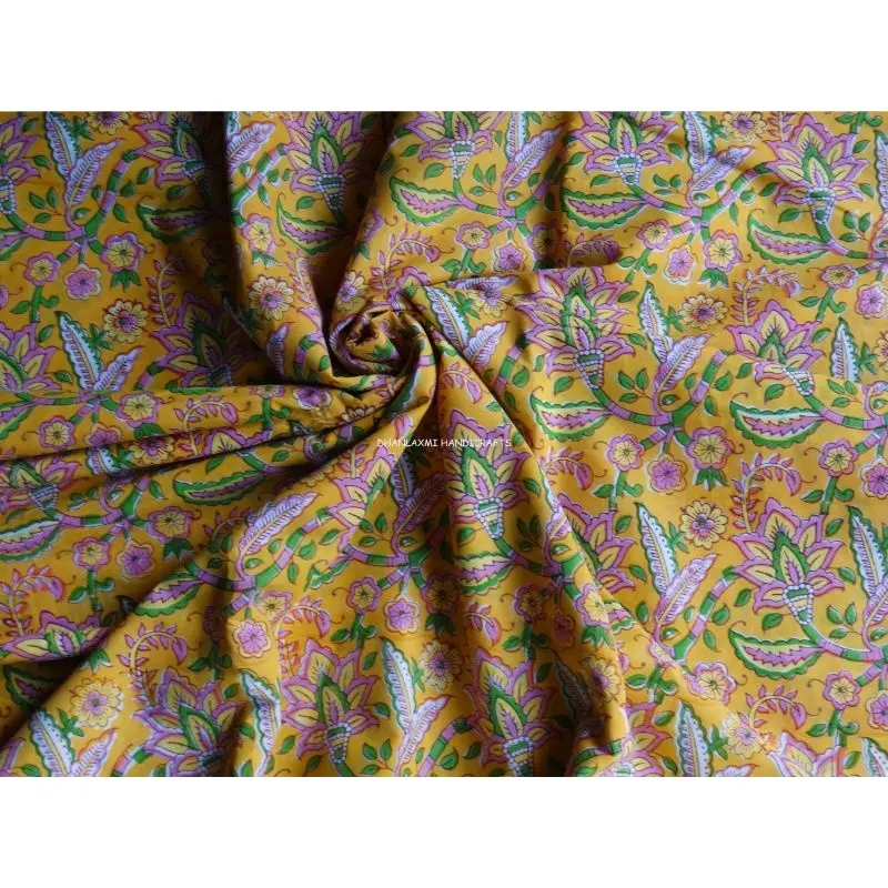 Yellow 100% Cotton Printed Dress Material Floral Hand Block Print Indian Wholesale Running Fabric