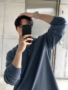 Polo à manches longues bleu polyvalent décontracté pour homme, printemps - Product Image 3