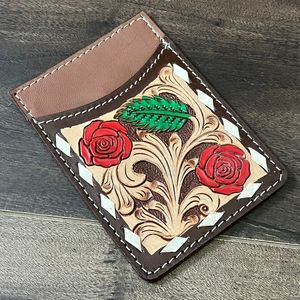 Portefeuille porte-cartes floral en cuir véritable repoussé unisexe tendance Nouveau porte-cartes de crédit mince en cuir de vache avec design floral et feuilles - Product Image 4