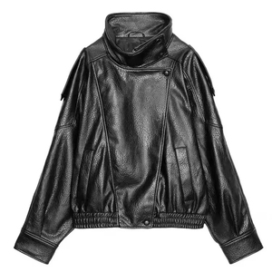 Veste de moto en cuir véritable pour femme, col montant, fermeture éclair, manches longues, noir uni, style motard, coupe-vent d'automne - Product Image 4
