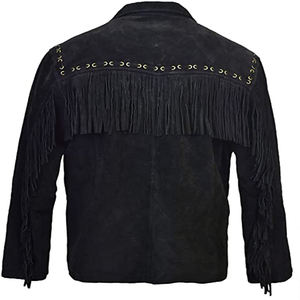Men's Black Suede <b>Fringe</b> Leather <b>Jacket</b> Vintage Turn-down Collar Regular Fit Winter Wear Custom Wholesale OEM Factory - Product Image 1
