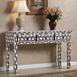 Table console réglable en hauteur, peinte à la main, motif floral noir et blanc, thème indien, avec tiroir et portes, décoration d'intérieur - Product Image 6