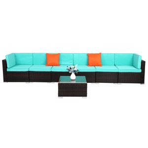 Set da Giardino in Rattan Marrone Sfumato 7 Pezzi con Cuscini Blu Lago, Imballato Sottovuoto - Product Image 1
