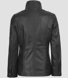 Veste en cuir noir pour femme, col haut, en peau de mouton, avec détails marron, entièrement doublée - Product Image 3