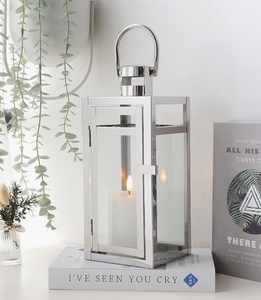Contemporary Polished Stainless Steel Candle <b>Lantern</b> Sleek Silver Glass <b>Hurricane</b> Holder for Modern Home and Event Decoration - Product Image 2