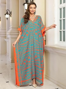 Vestido Largo Maxi de Gasa con Estampado Geométrico y Cuello en V para Mujer, Estilo Vacaciones de Verano, Manga Casquillo, Corte Imperio, Kaftán Largo Estampado Naranja y Verde Azulado - Product Image 4