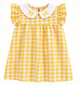 Robe à carreaux rouge pour filles, manches courtes, col Peter Pan avec nœud, manches à volants, robe de fête douce en forme de A pour tout-petits - Product Image 3