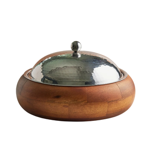 Casserole ronde en bois avec couvercle en acier inoxydable, design minimaliste pour la cuisine domestique, chauffe-plat de table - Product Image 1