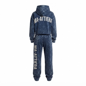 Custom <b>Women</b> Acid Wash <b>Navy</b> Blue Cropped Hoodie Jogger Set Cotton Fleece Streetwear Tracksuit OEM Wholesale - Product Image 3