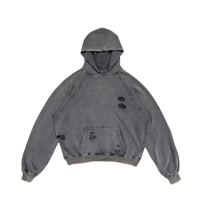 Sweat-shirt à capuche unisexe délavé style vintage, coupe ample, avec texture de tissu usé, mode urbaine décontractée - Product Image 1