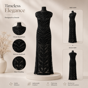 Women Black Beaded Sheer Mesh Maxi Dress Sleeveless Round Neck <b>Sequin</b> Evening Gown Elegant Formal Party Wedding Prom Occasion - Product Image 5