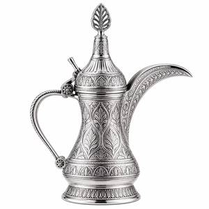 SKIES TRADERS Cafetière arabe en acier inoxydable Dallah, motif floral en relief, argent et or, bouilloire à thé orientale avec couvercle - Product Image 3