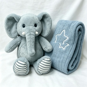 customized blue‑grey elephant plush and knitted blanket <b>gift</b> set, <b>boxed</b> newborn elephant stuffed toy <b>hamper</b>, dusty blue baby - Product Image 5