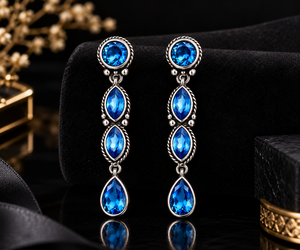 Boucles d'oreilles pendantes classiques en argent plaqué avec topaze bleue, style antique, pour femme, bijoux d'art, fiançailles, origine Rajasthan, avec assurance commerciale - Product Image 4