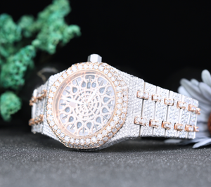 Montre squelette de luxe sertie de diamants – Cadran or rose, montre-bracelet pour homme en acier inoxydable style hip-hop - Product Image 5