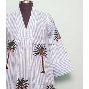 Robe longue bohème imprimée palmiers, écologique, faite main en coton, col en V, style hippie, grande taille, taille naturelle, respirante pour femme - Product Image 2