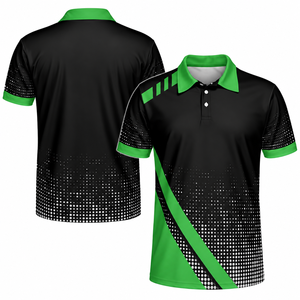 Camiseta de pickleball sublimada personalizada en negro y verde para hombre, manga corta, poliéster que absorbe la humedad, camisa deportiva tipo polo con diseño de puntos. - Product Image 1