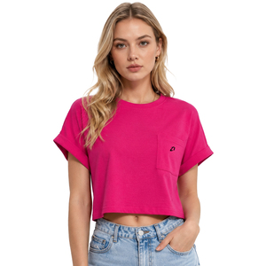 Camiseta Corta para Mujer, Color Rosa Sólido, con Bolsillo, Manga Corta, Cuello Redondo, Algodón, Blusa Informal de Verano - Product Image 1